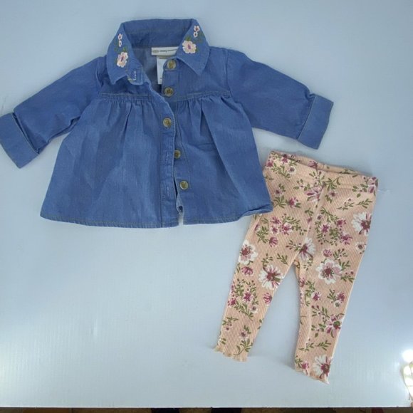 **5 for $30** — Daisy Fuentes Denim Flower Shirt and Peach Floral Leggings 0-3 M - Picture 1 of 5